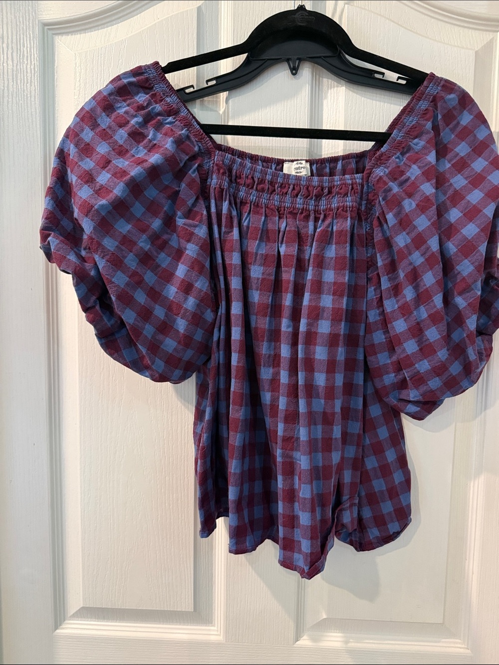 entro Blue and Burgundy Plaid Off-Shoulder Puff Sleeve Blouse